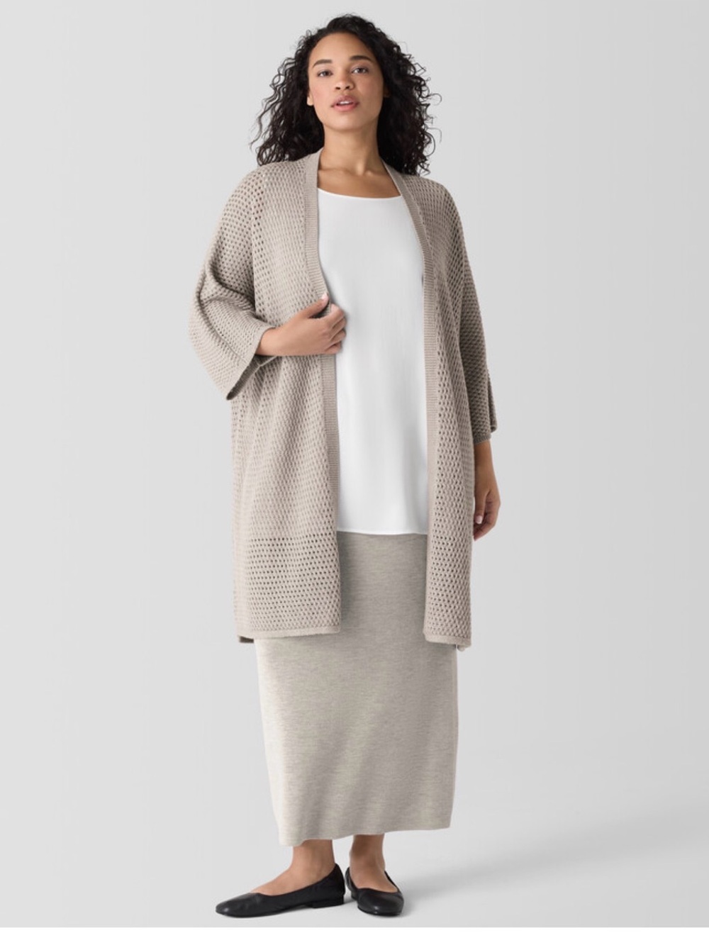 Eileen Fisher Merino Wool Open-Knit Collared Cardigan Boxy Dolman 2X Dove